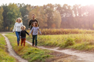 A family walking down a Kansas road